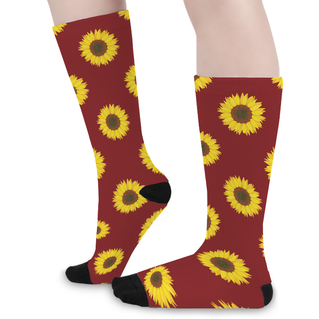 Burgundy Sunflower Pattern Print Long Socks