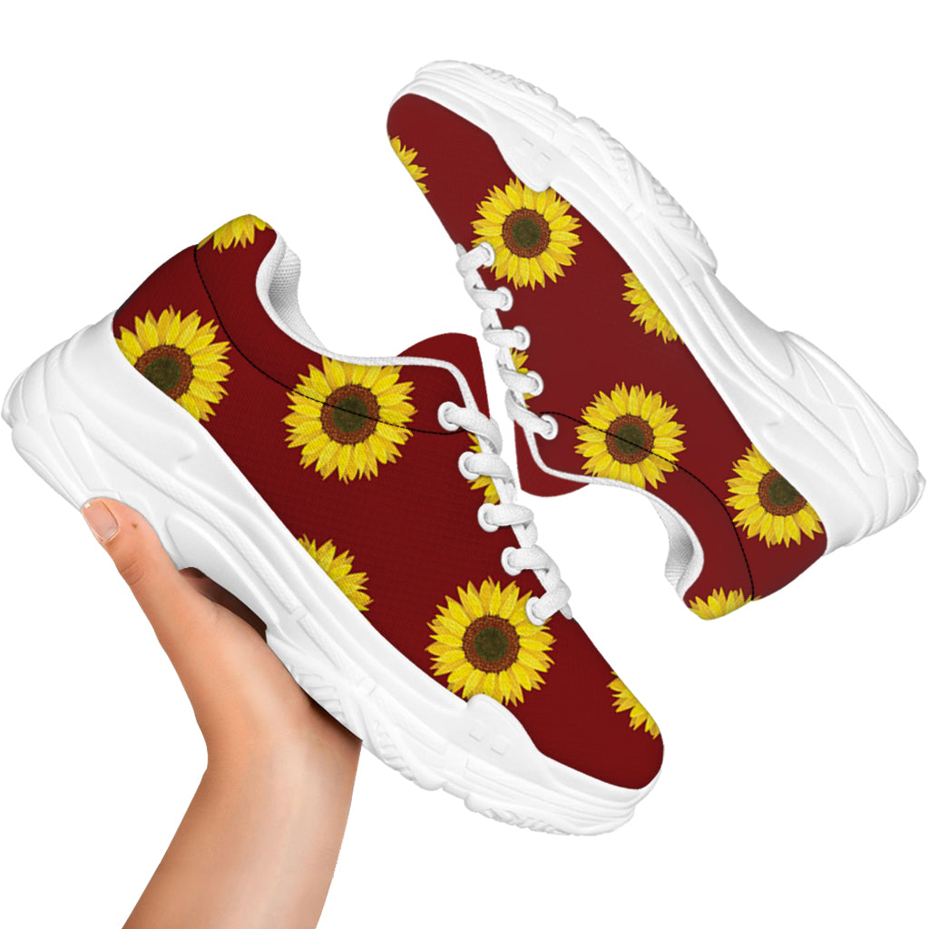 Burgundy Sunflower Pattern Print White Chunky Shoes