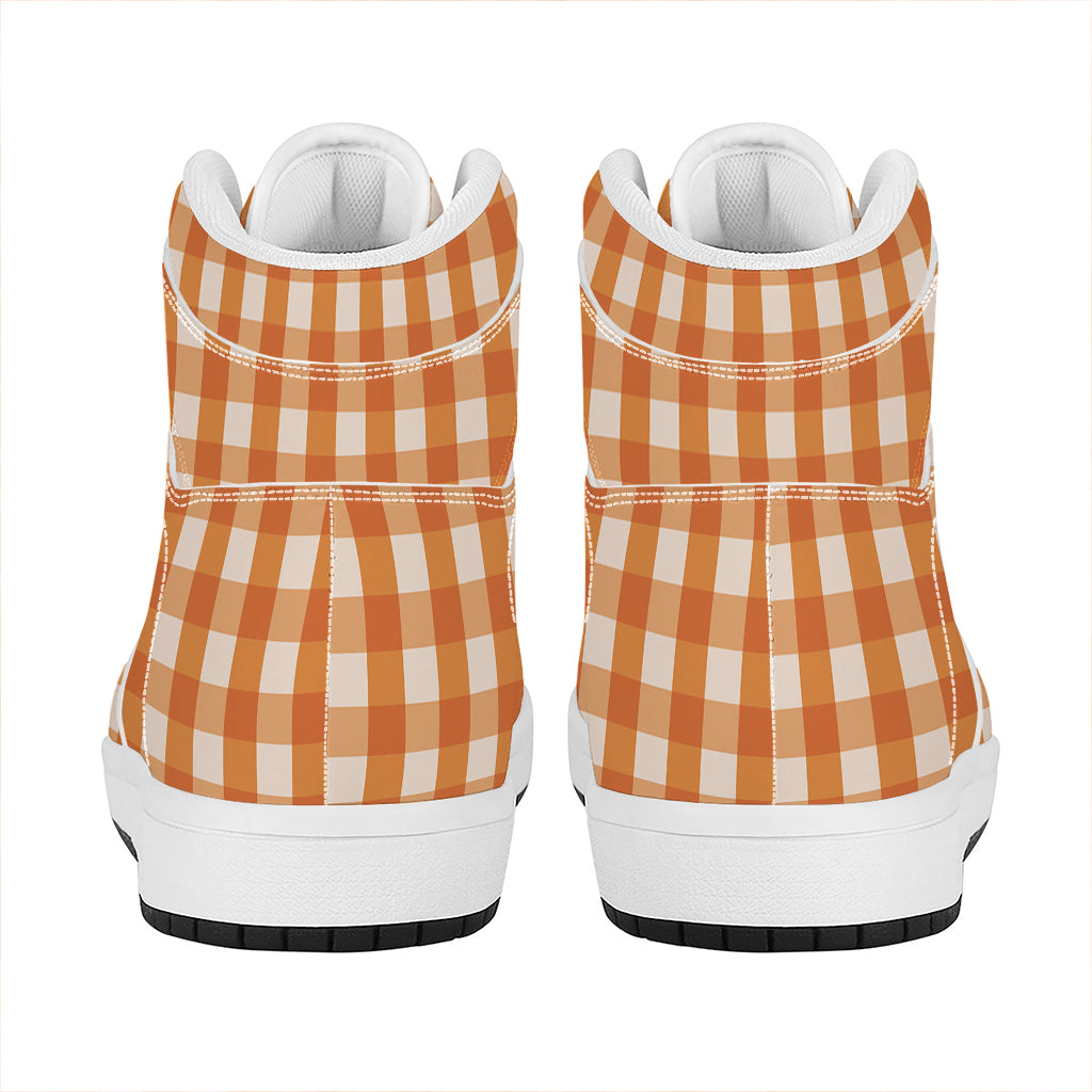 Burnt Orange And White Check Print High Top Leather Sneakers
