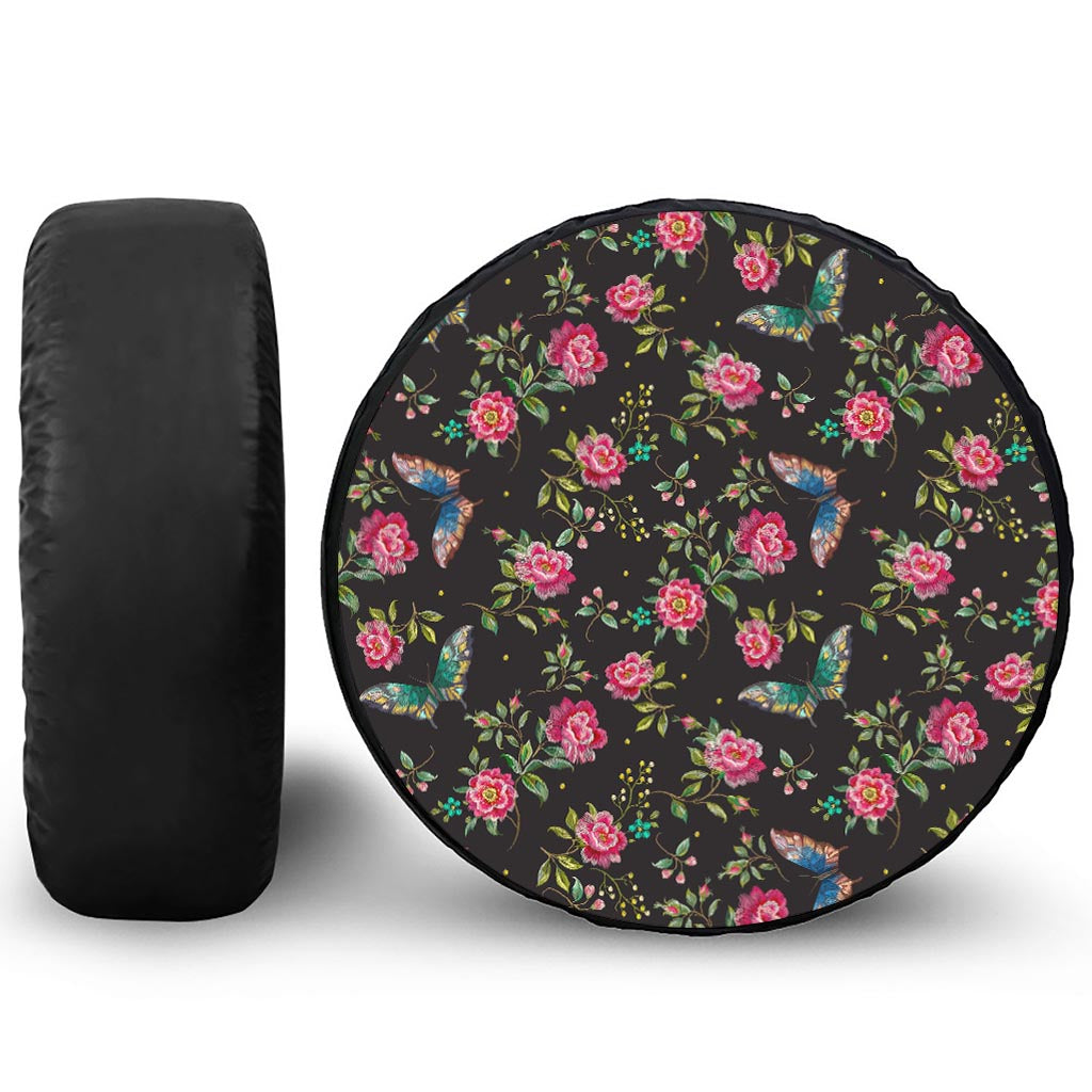 Butterfly And Flower Pattern Print Leather Spare Tire Cover
