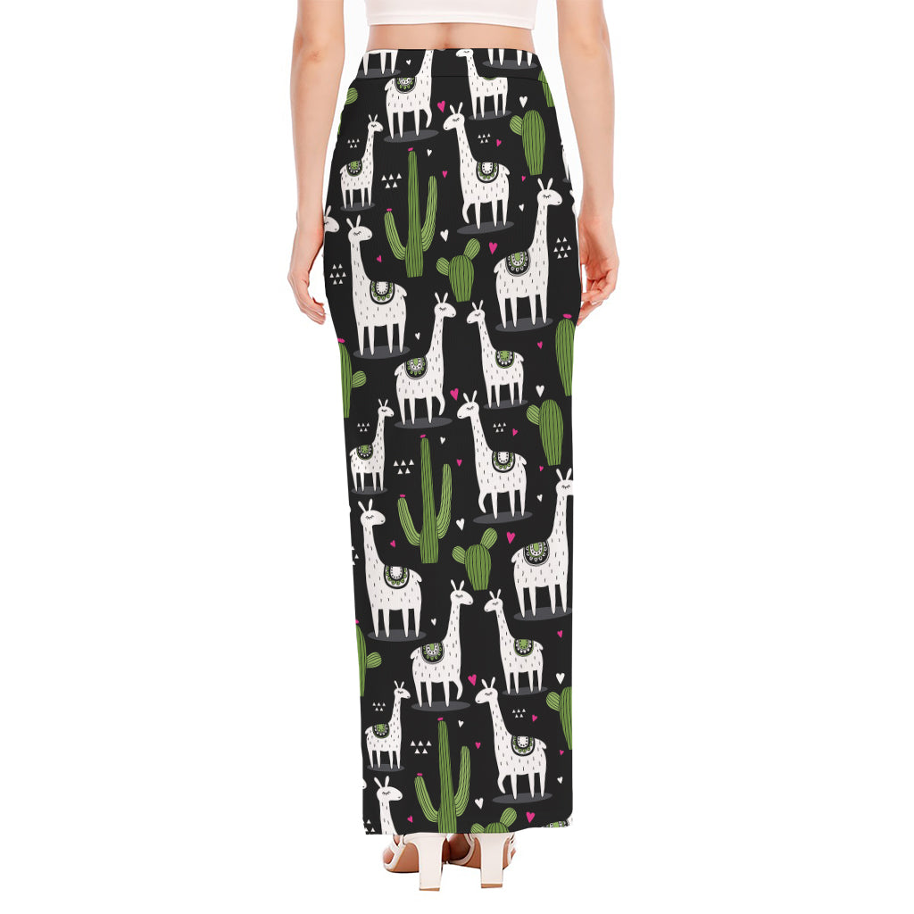 Cactus And Llama Pattern Print High Slit Maxi Skirt