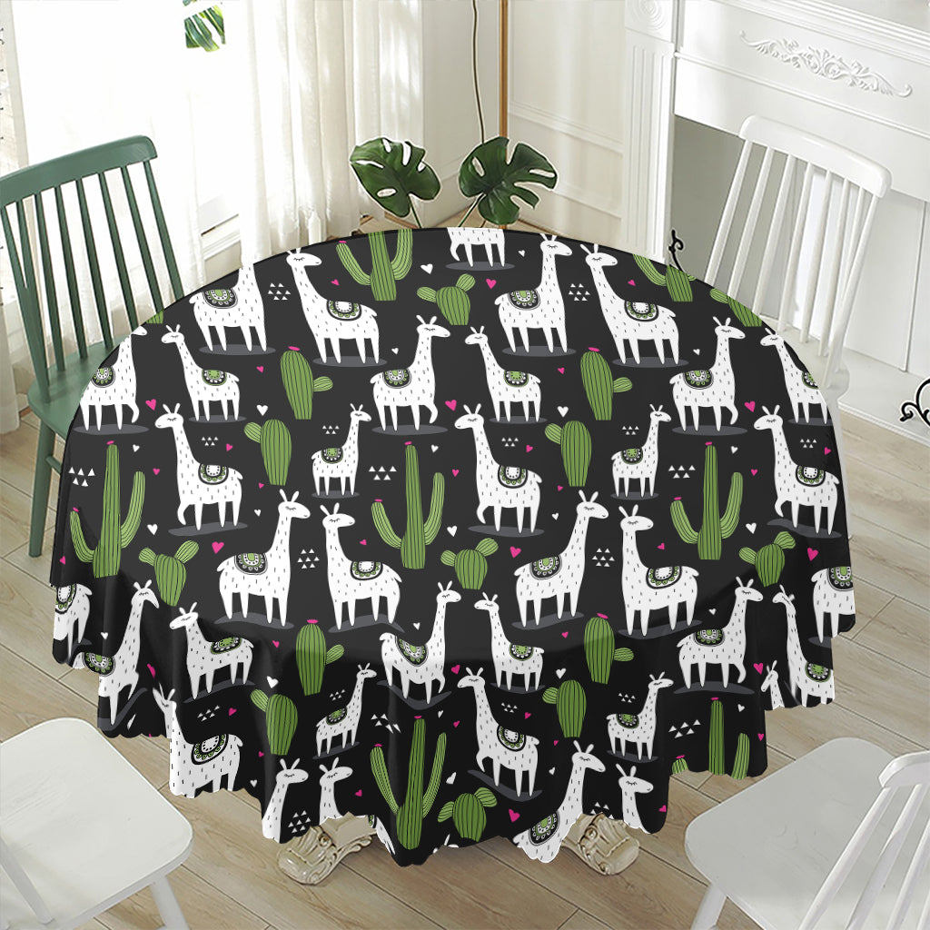 Cactus And Llama Pattern Print Waterproof Round Tablecloth