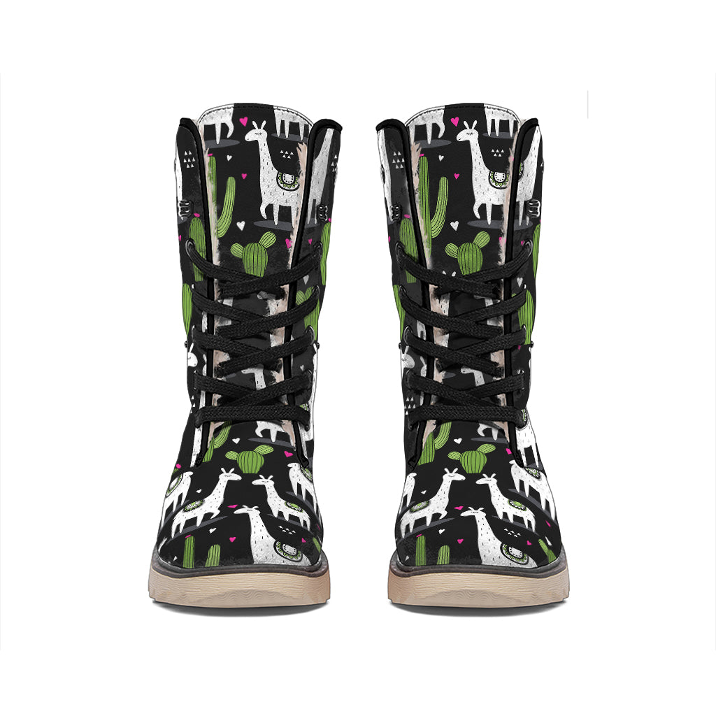 Cactus And Llama Pattern Print Winter Boots