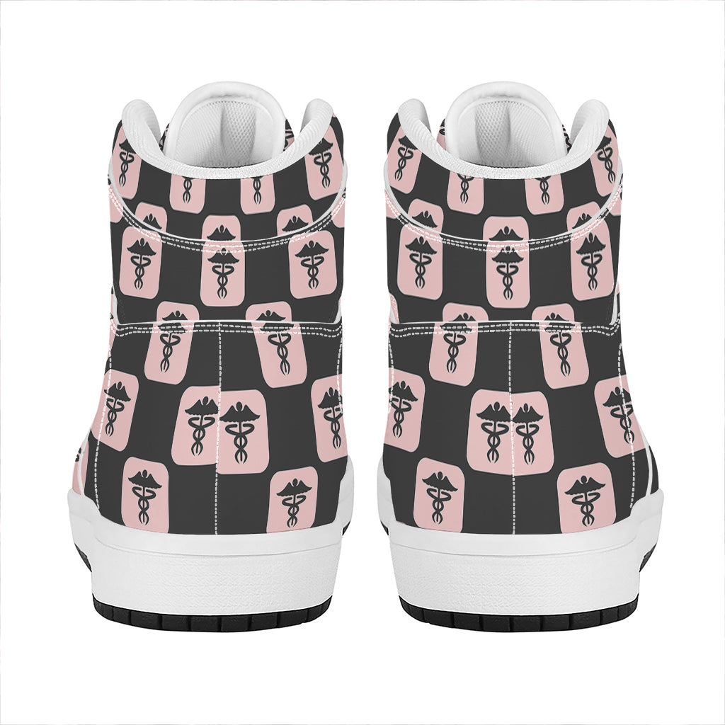 Caduceus Pattern Print High Top Leather Sneakers