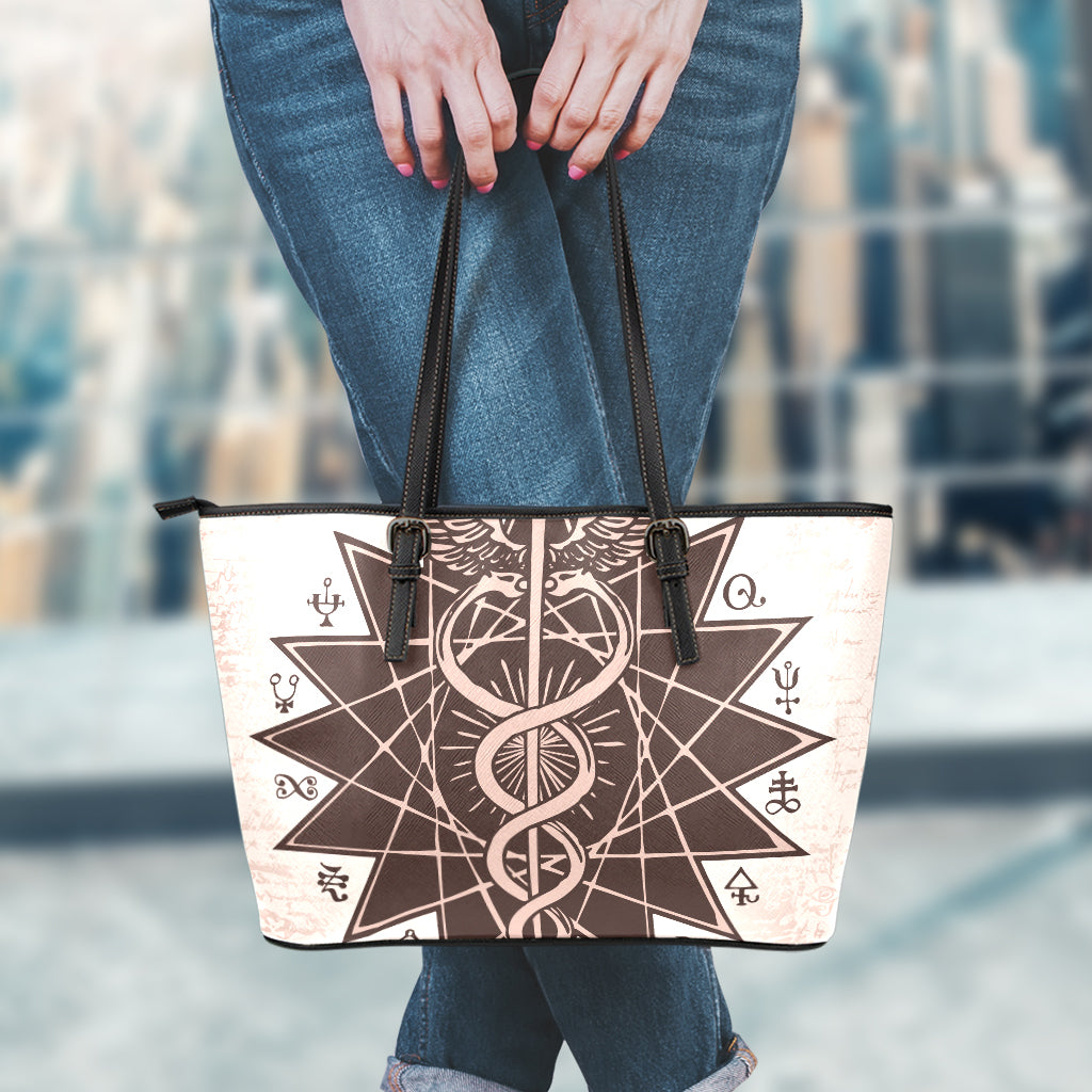 Caduceus Symbol Print Leather Tote Bag