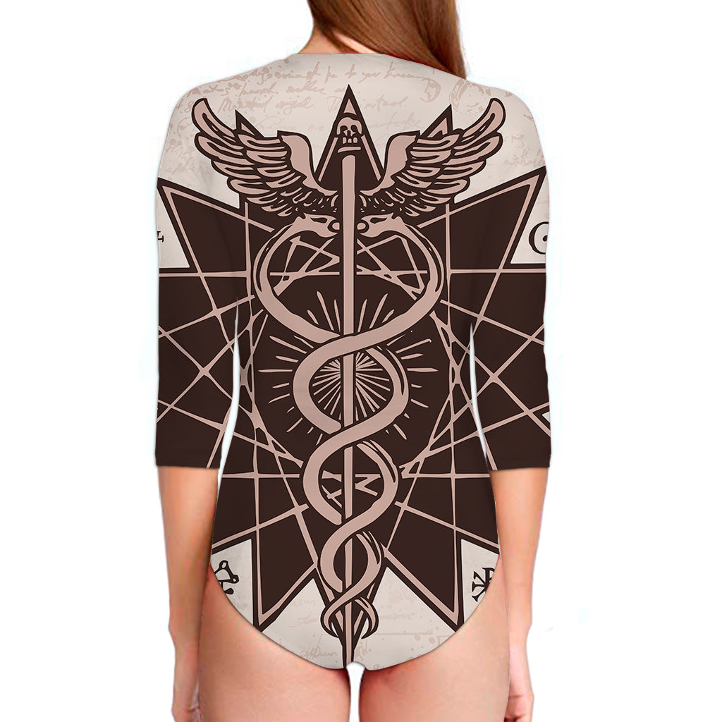 Caduceus Symbol Print Long Sleeve Swimsuit