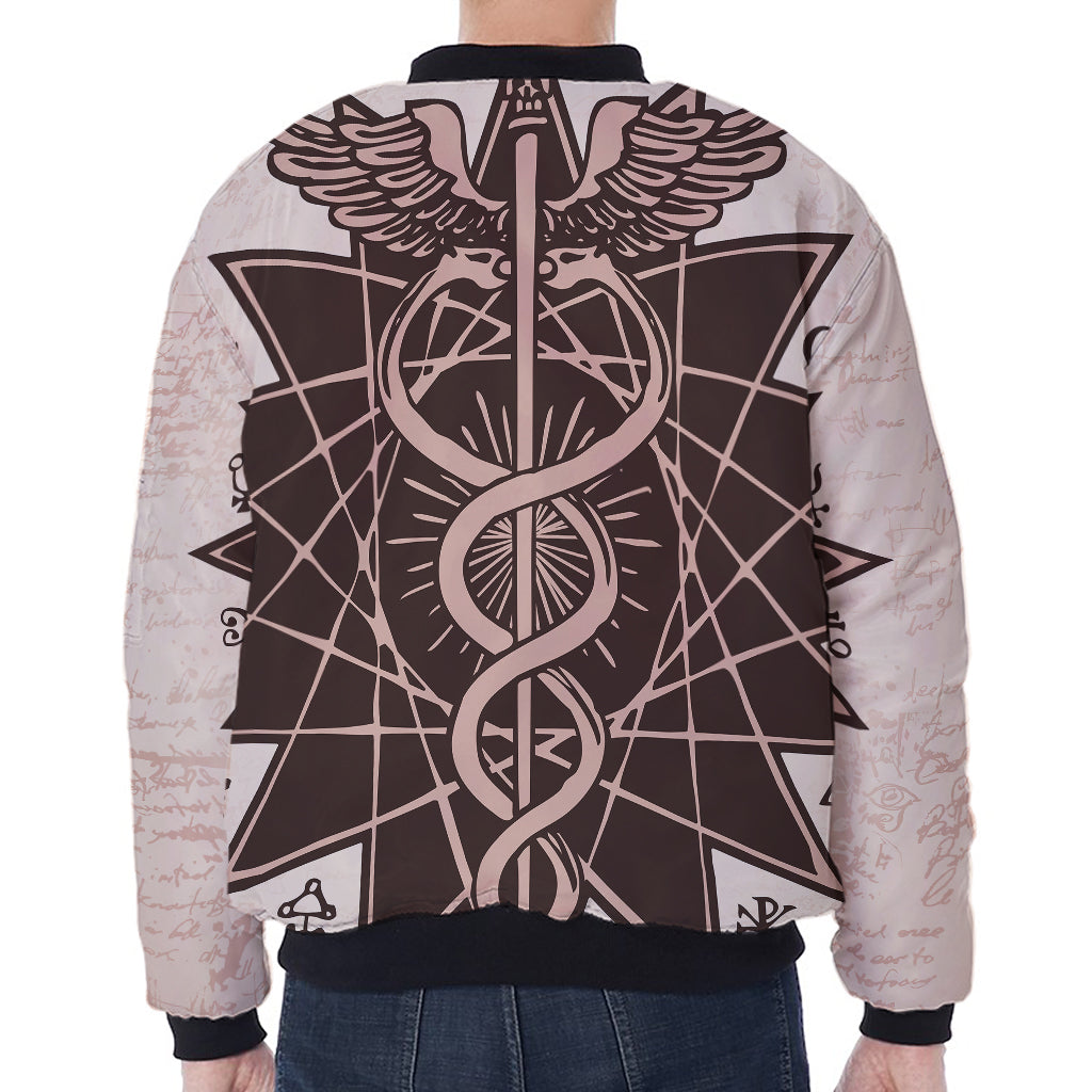 Caduceus Symbol Print Zip Sleeve Bomber Jacket