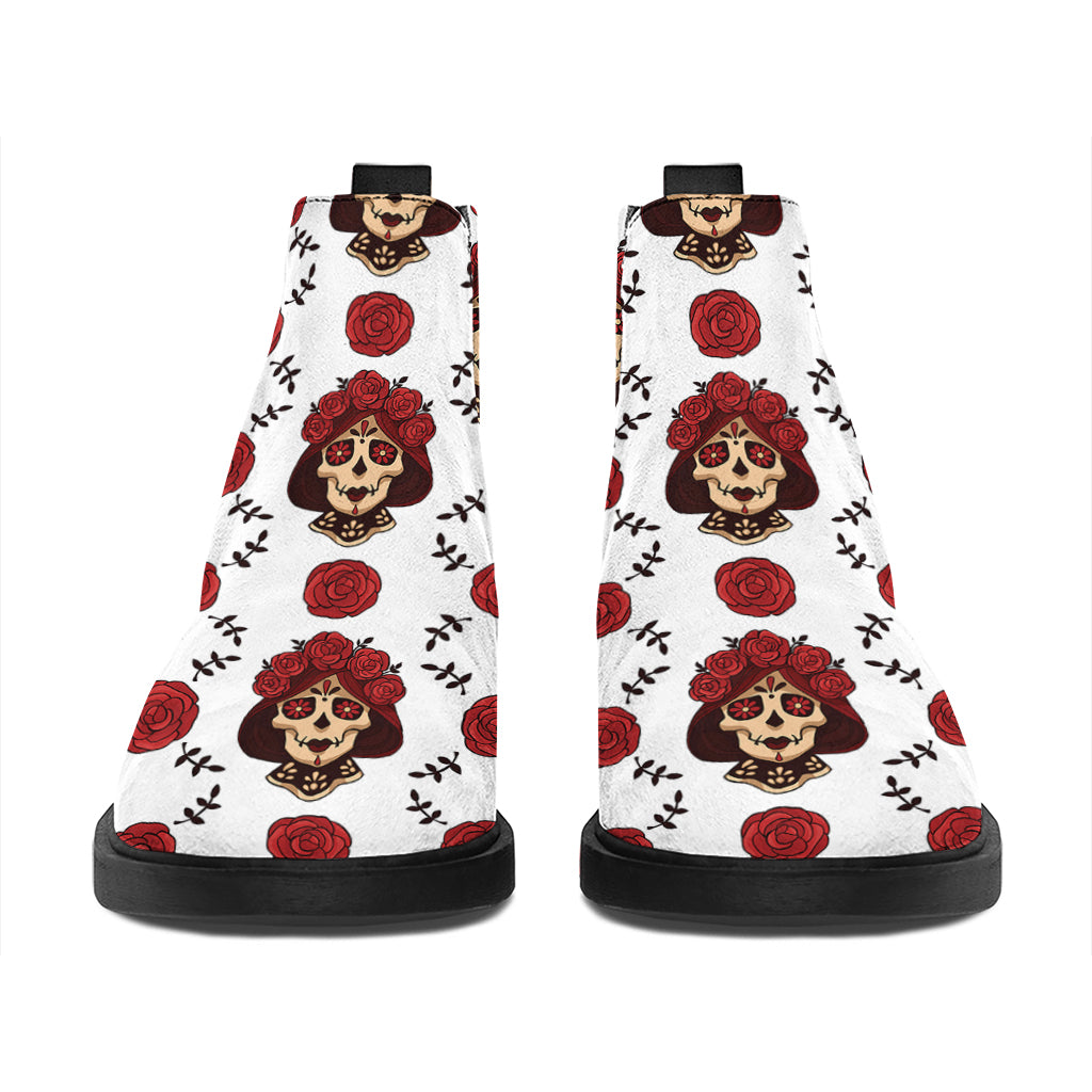 Calavera Girl Skull Pattern Print Flat Ankle Boots