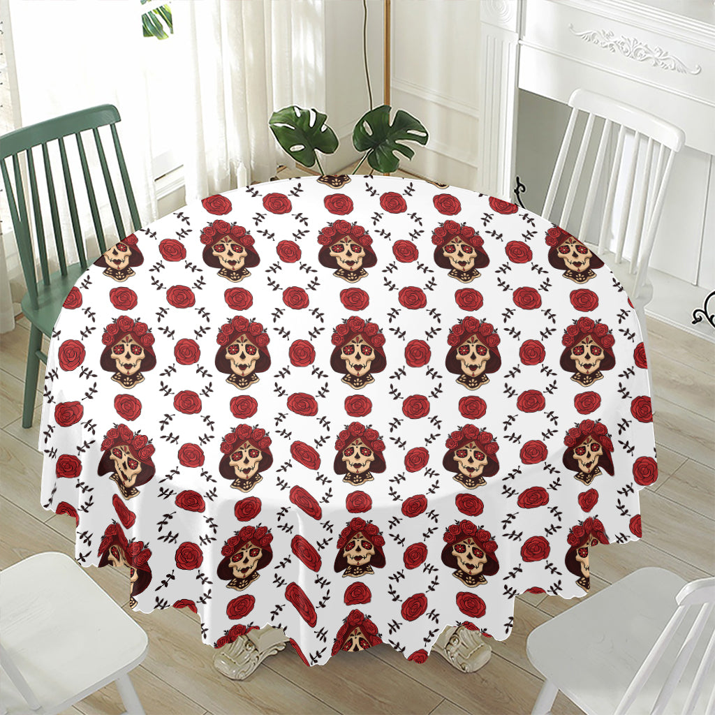 Calavera Girl Skull Pattern Print Waterproof Round Tablecloth
