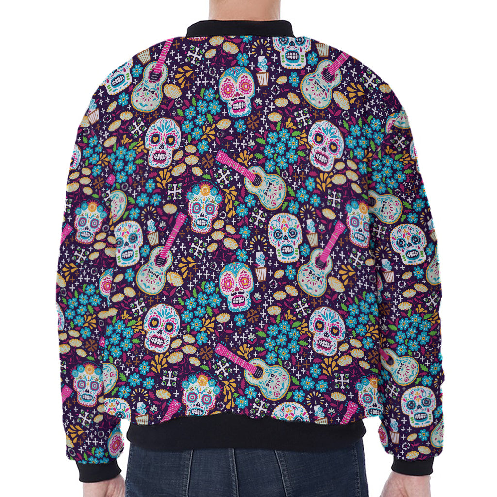 Calaveras Day Of The Dead Pattern Print Zip Sleeve Bomber Jacket