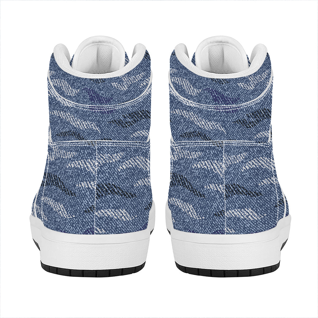 Camo Denim Jeans Pattern Print High Top Leather Sneakers