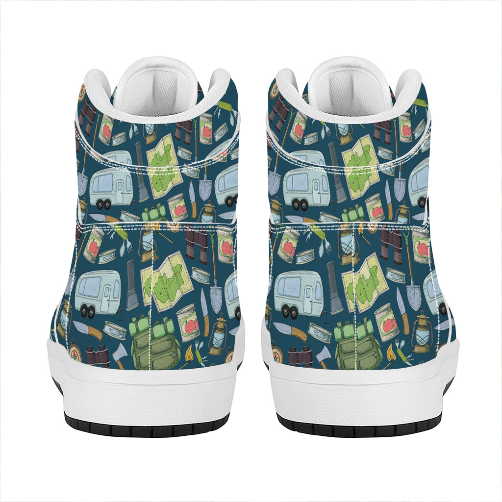 Camping Equipment Pattern Print High Top Leather Sneakers