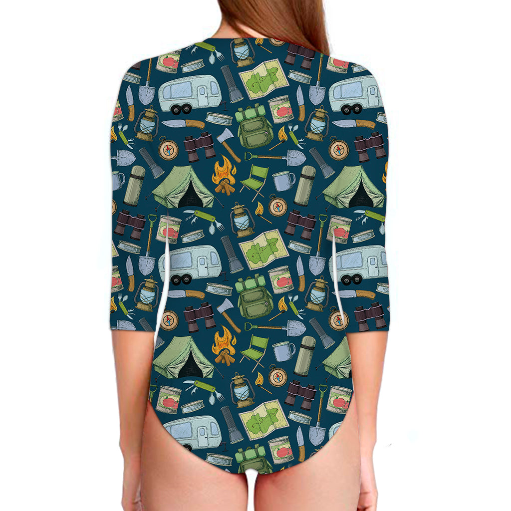 Camping Equipment Pattern Print Long Sleeve Swimsuit