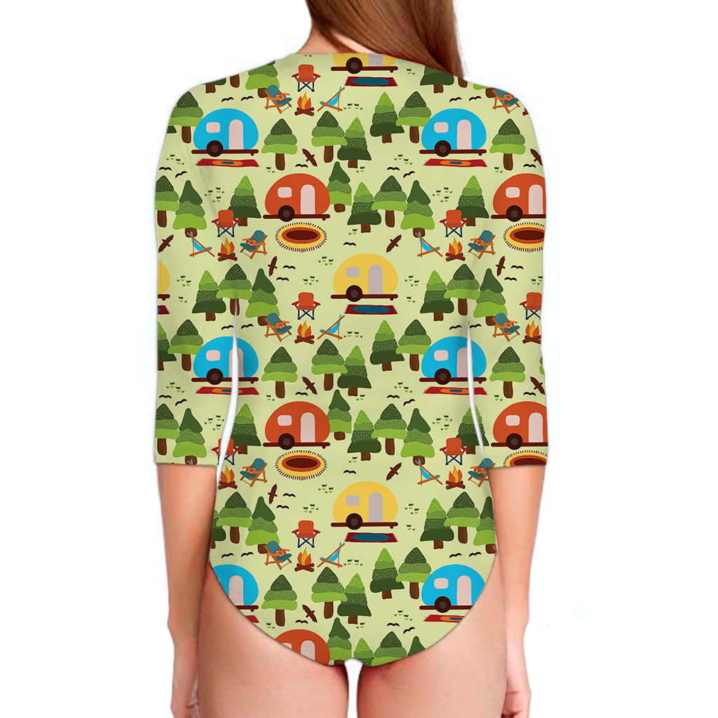 Camping Picnic Pattern Print Long Sleeve Swimsuit