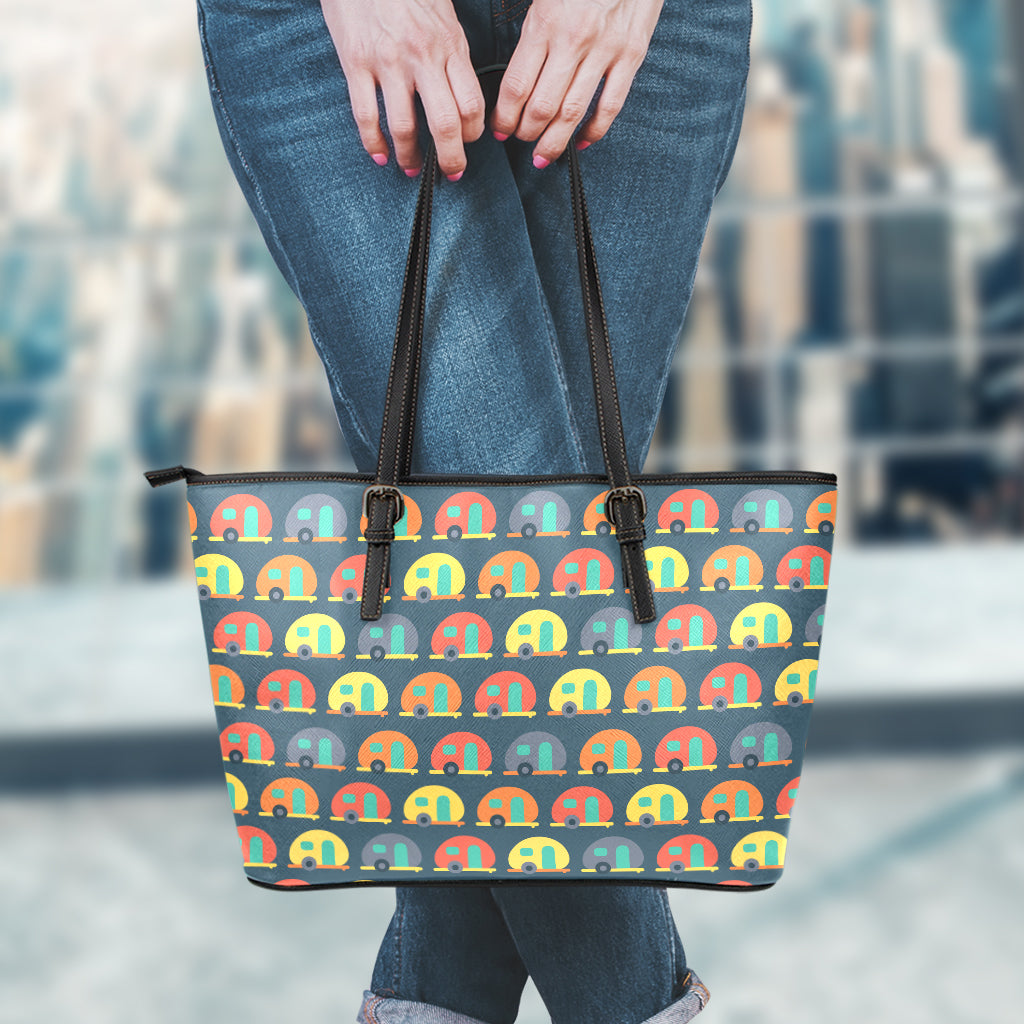 Camping Van Pattern Print Leather Tote Bag
