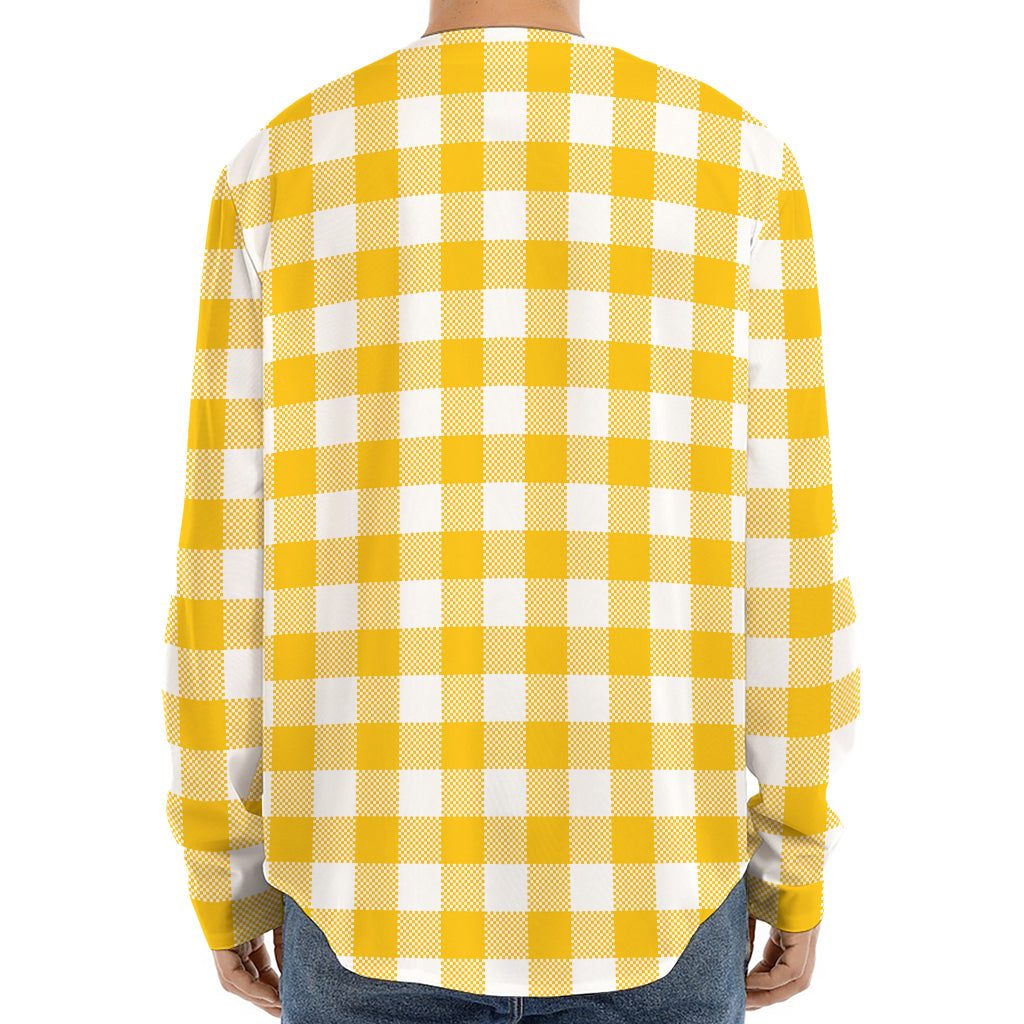 Canary Yellow And White Gingham Print Long Sleeve Baseball Jersey