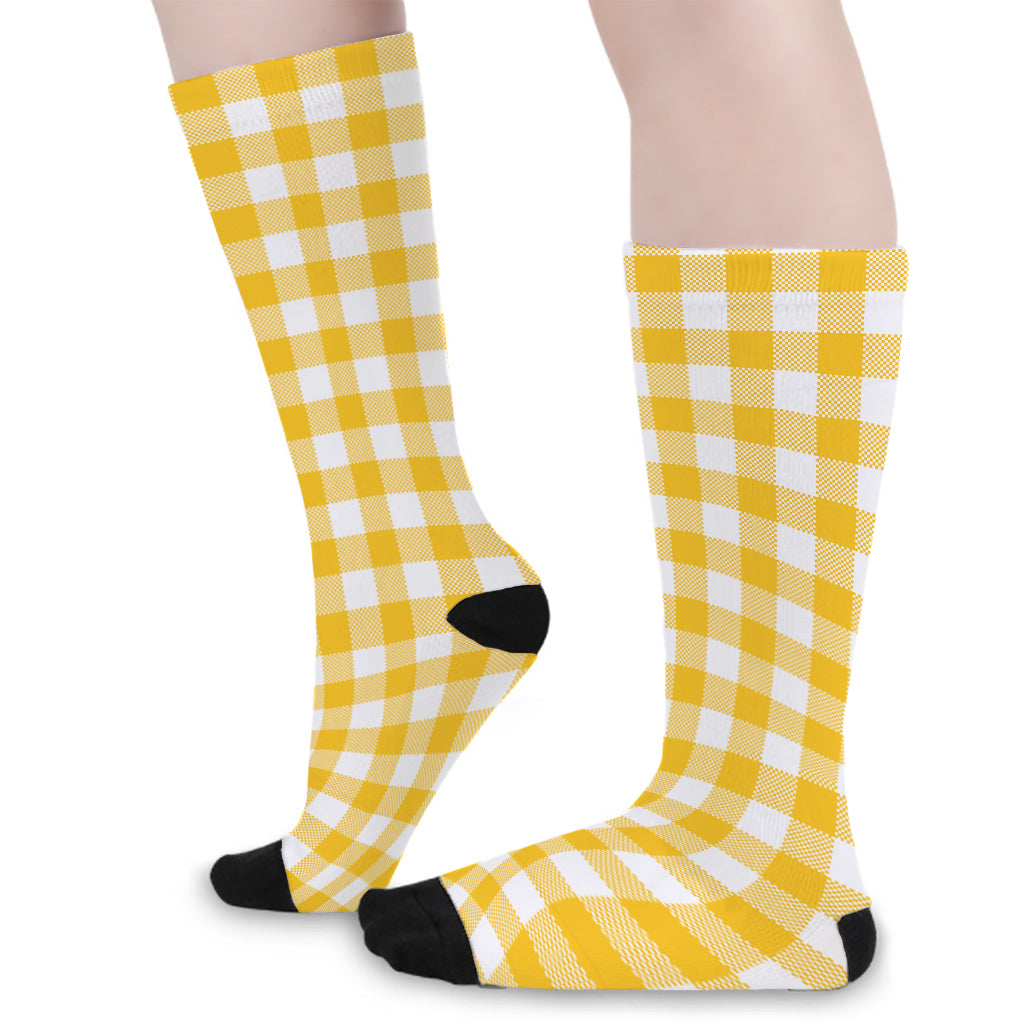 Canary Yellow And White Gingham Print Long Socks