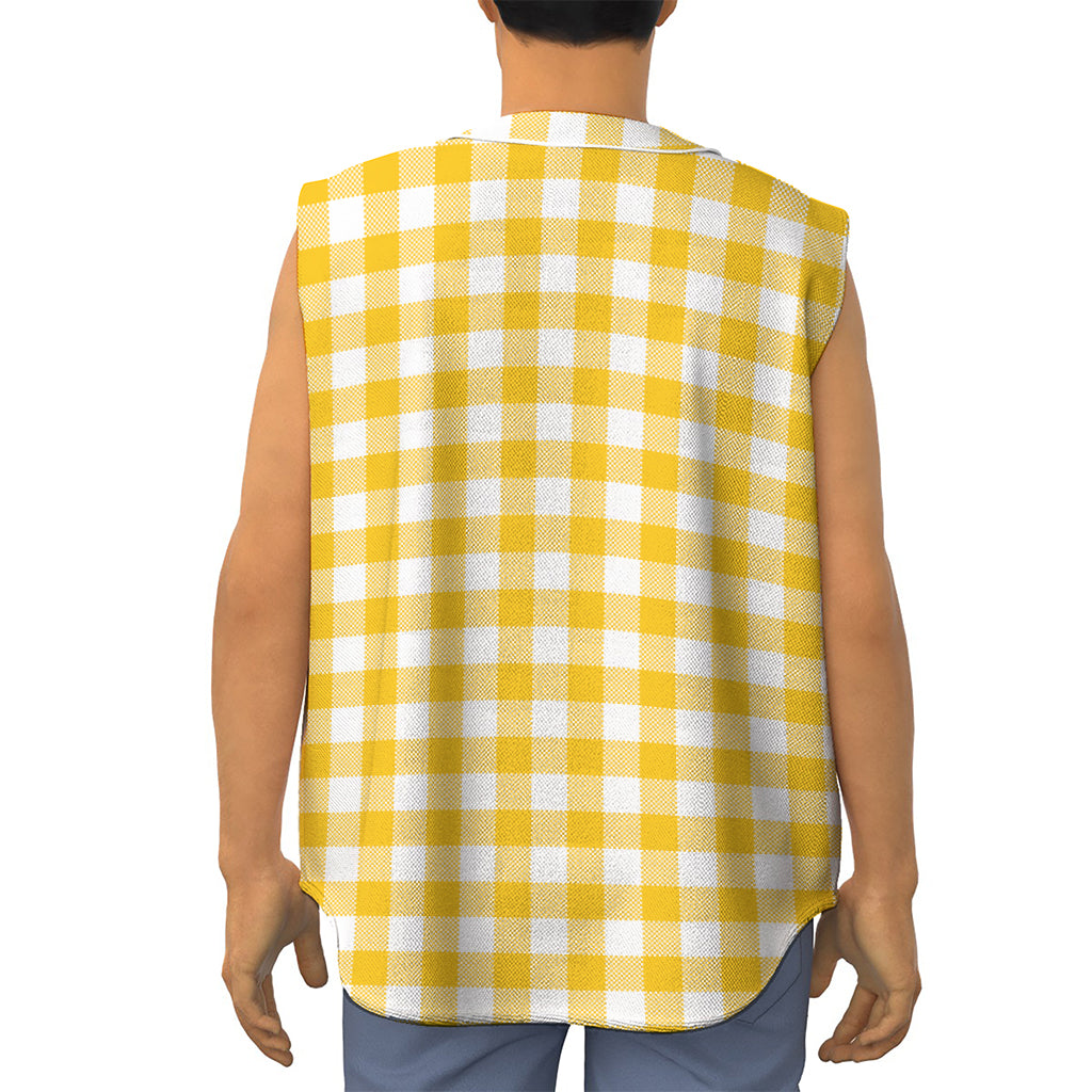 Canary Yellow And White Gingham Print Sleeveless Baseball Jersey