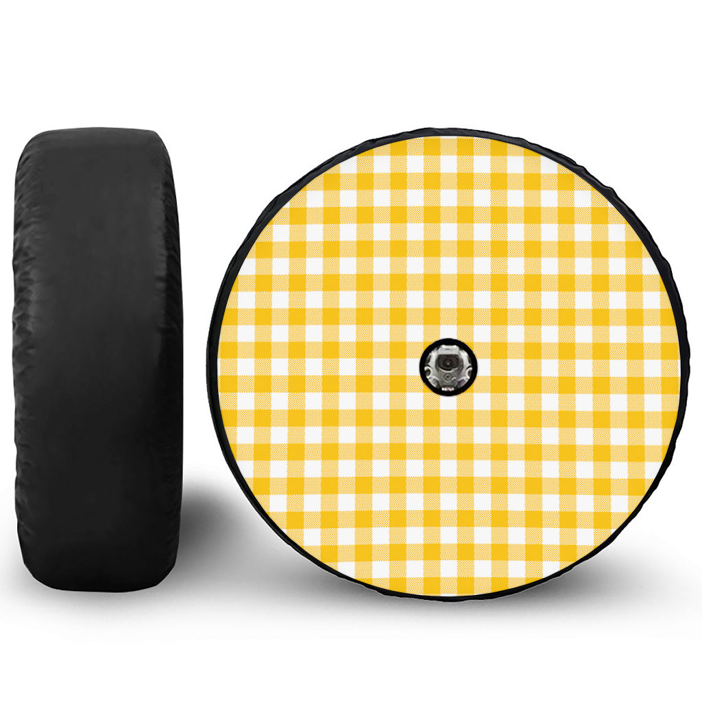 Canary Yellow And White Gingham Print Tire Cover With Camera Hole