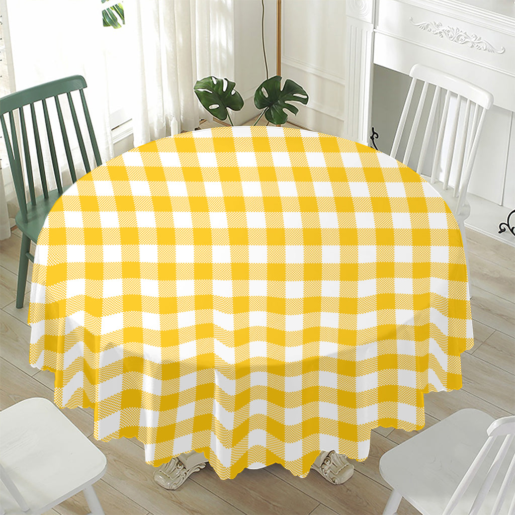 Canary Yellow And White Gingham Print Waterproof Round Tablecloth