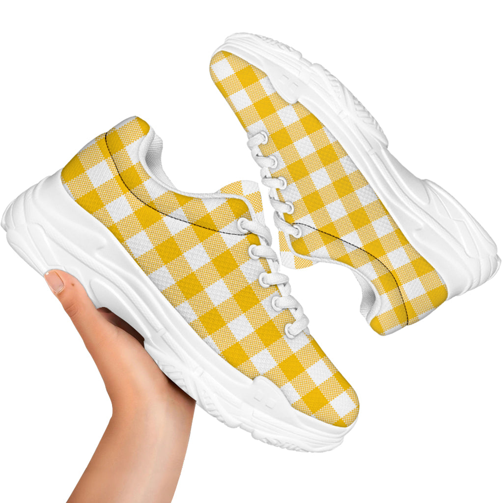 Canary Yellow And White Gingham Print White Chunky Shoes