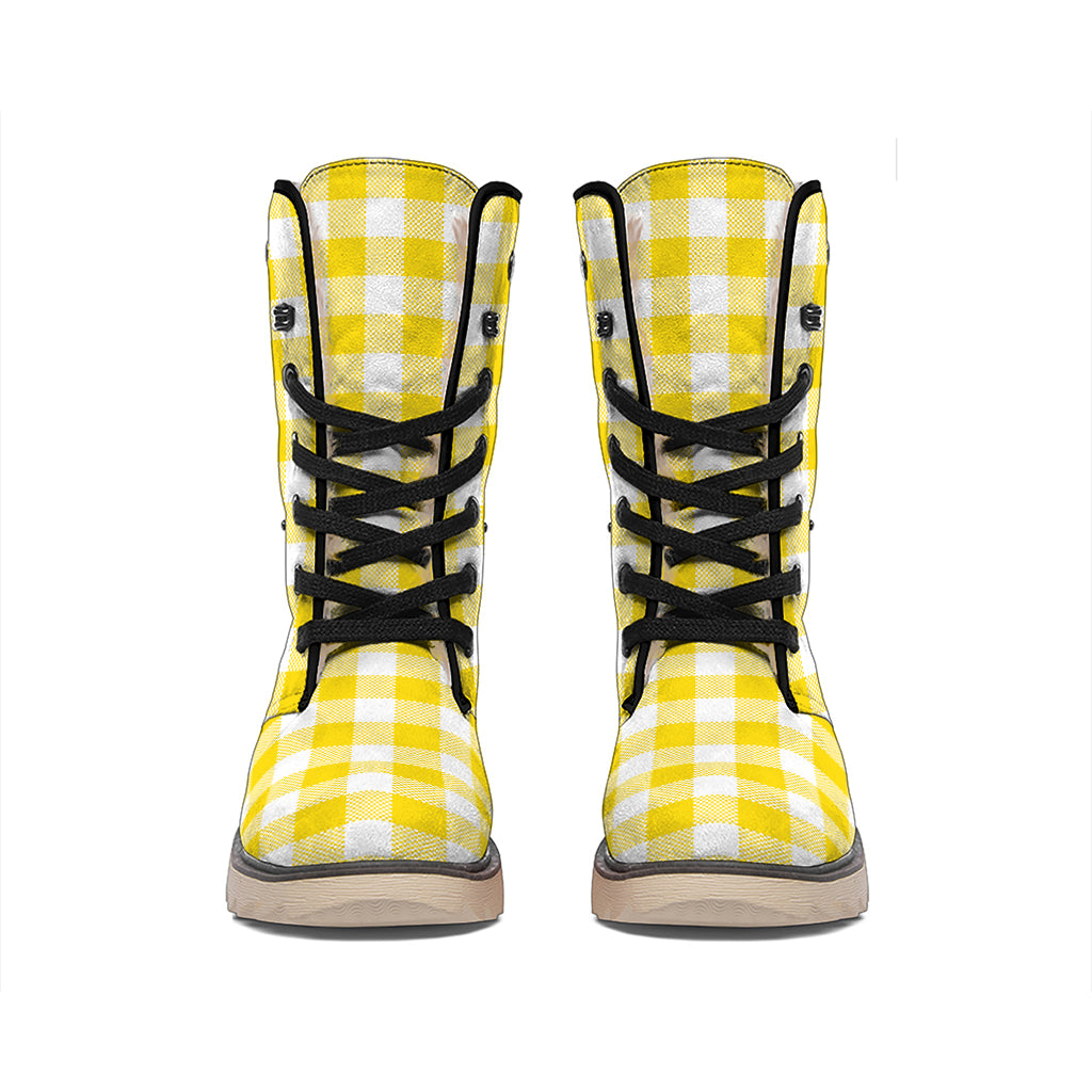 Canary Yellow And White Gingham Print Winter Boots