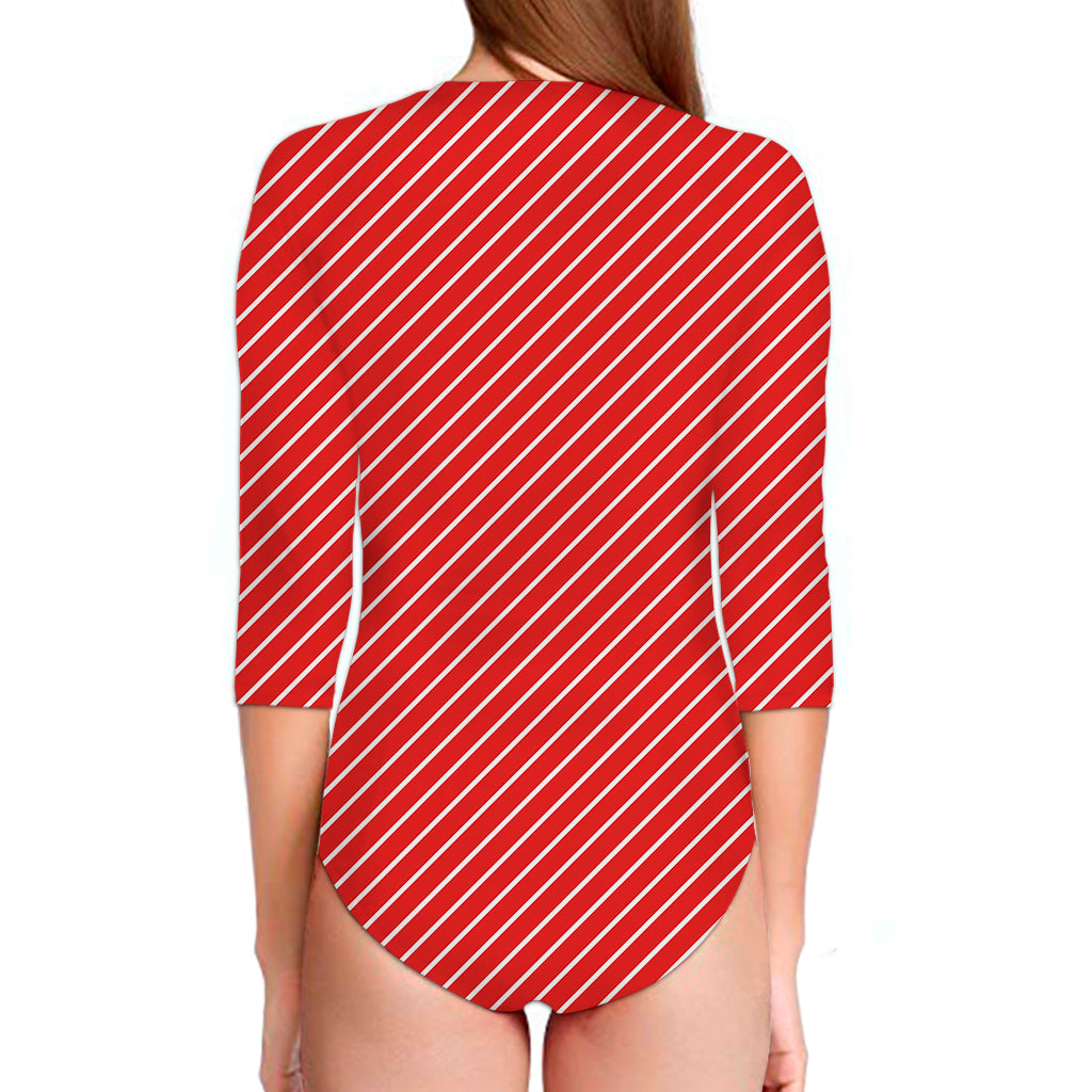 Candy Cane Striped Pattern Print Long Sleeve Swimsuit