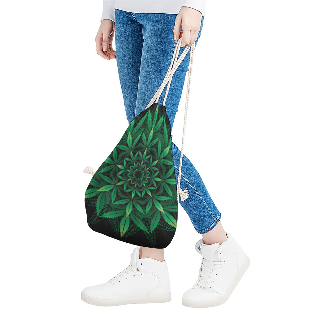 Cannabis Leaf Mandala Print Drawstring Bag