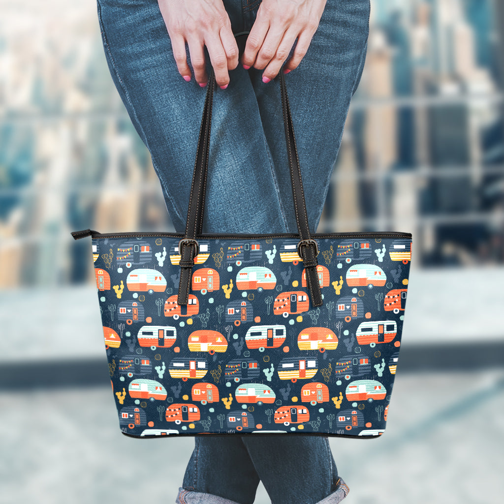 Caravan Camping Pattern Print Leather Tote Bag