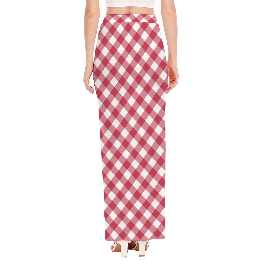 Cardinal Red And White Gingham Print High Slit Maxi Skirt