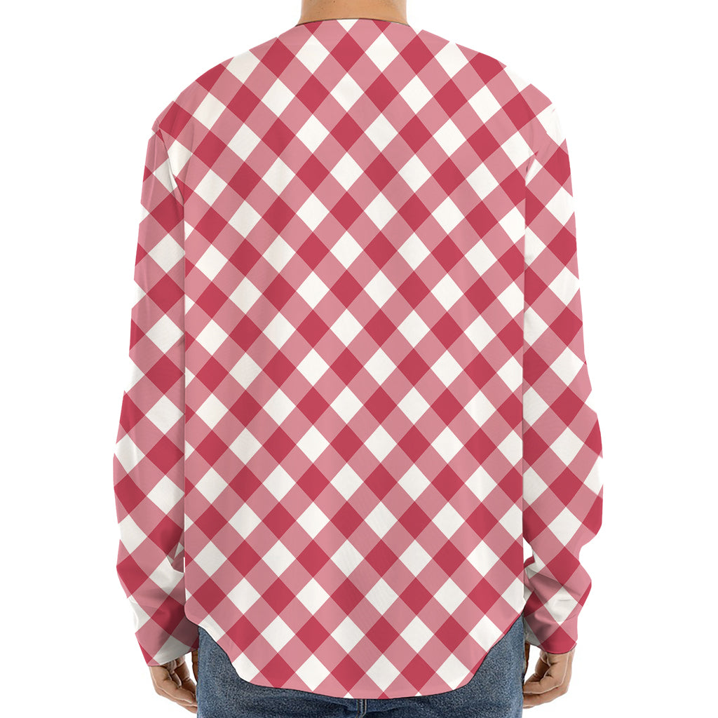 Cardinal Red And White Gingham Print Long Sleeve Baseball Jersey