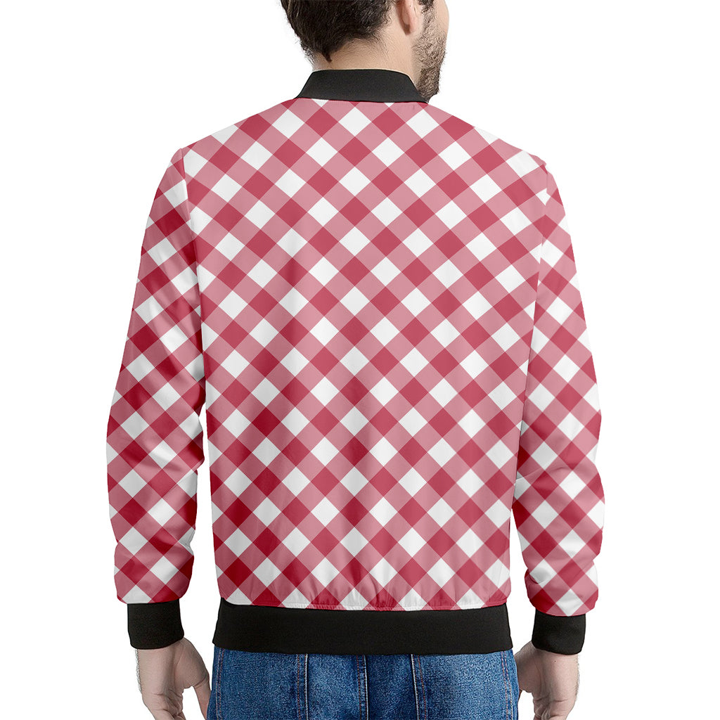 Cardinal Red And White Gingham Print Men's Bomber Jacket