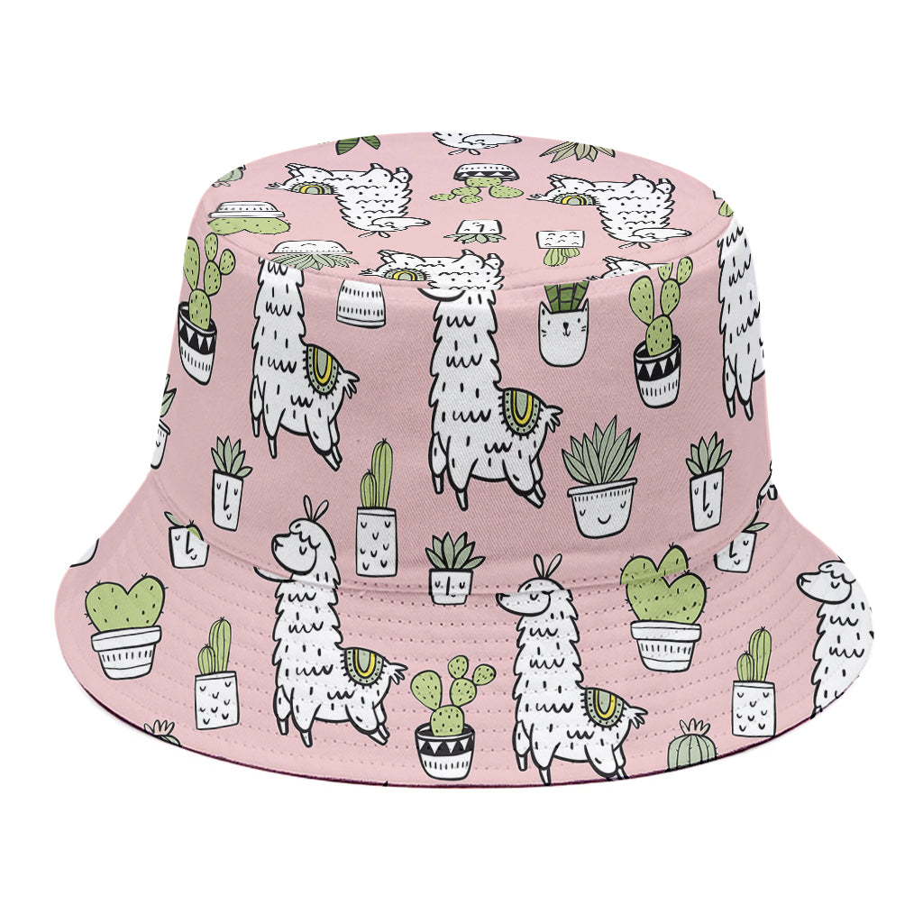 Cartoon Cactus And Llama Pattern Print Bucket Hat