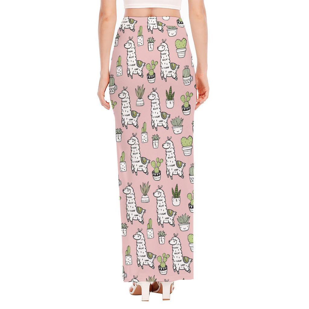 Cartoon Cactus And Llama Pattern Print High Slit Maxi Skirt