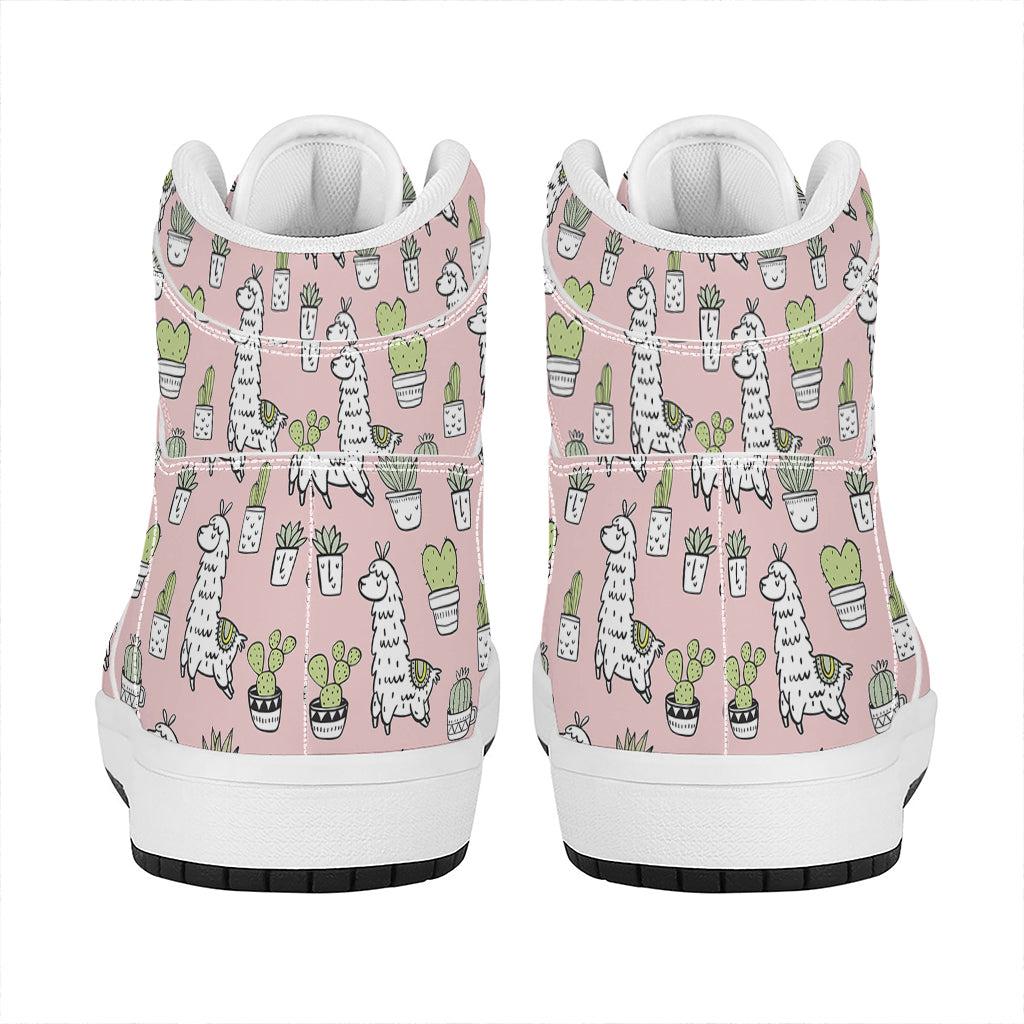 Cartoon Cactus And Llama Pattern Print High Top Leather Sneakers