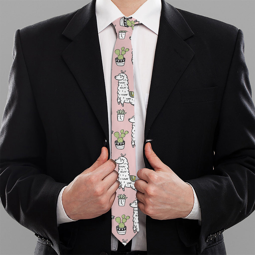 Cartoon Cactus And Llama Pattern Print Necktie