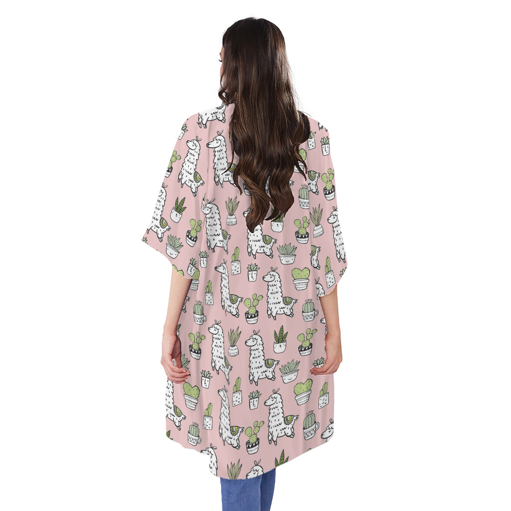 Cartoon Cactus And Llama Pattern Print Open Front Beach Cover Up