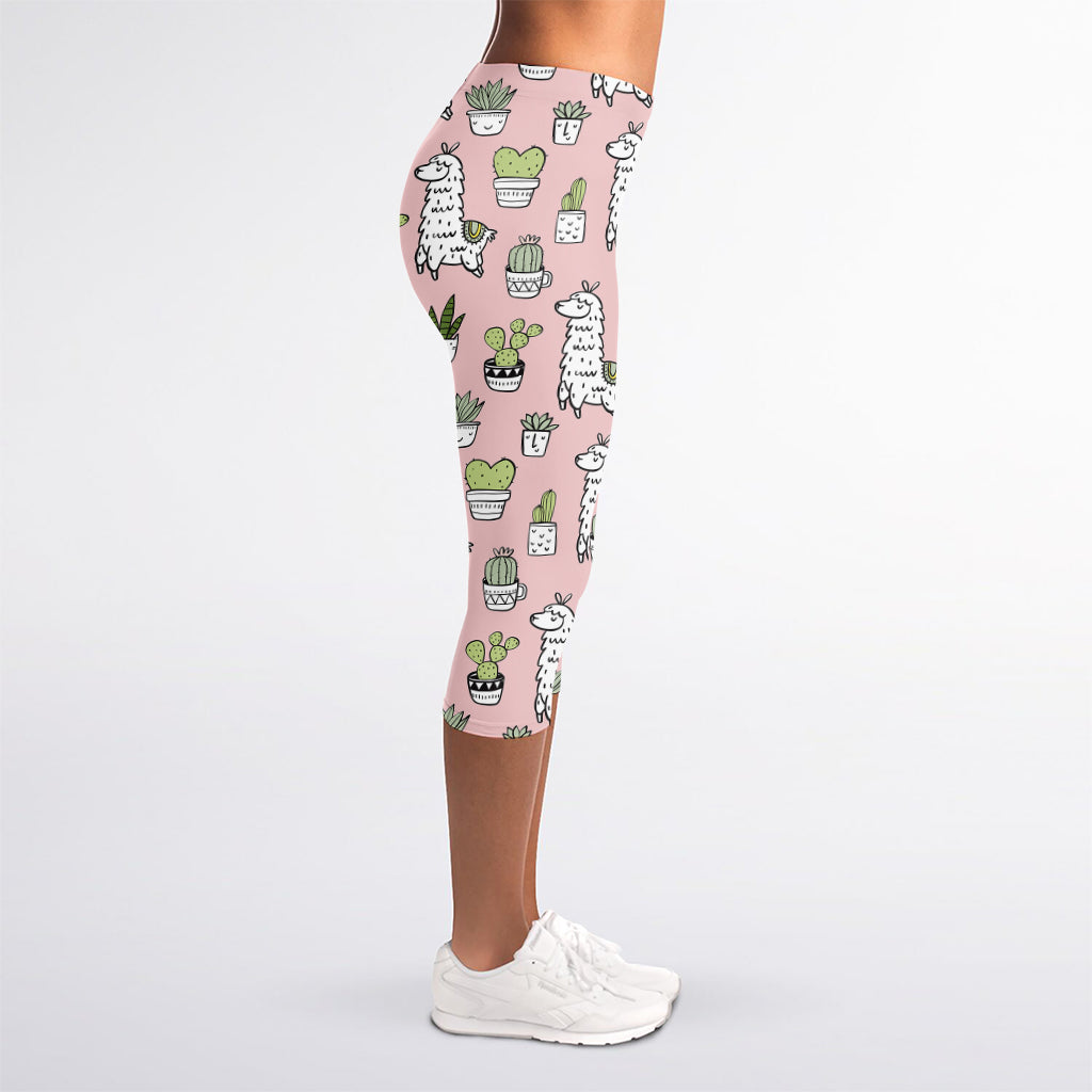 Cartoon Cactus And Llama Pattern Print Women's Capri Leggings