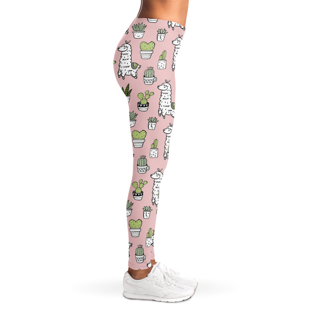 Cartoon Cactus And Llama Pattern Print Women's Leggings