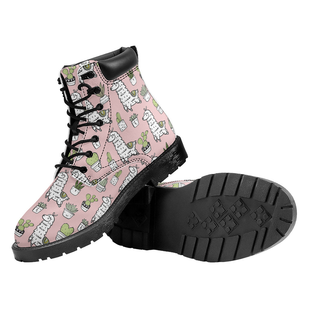 Cartoon Cactus And Llama Pattern Print Work Boots