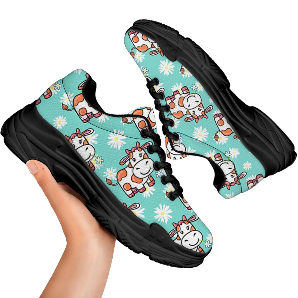 Cartoon Cow And Daisy Flower Print Black Chunky Shoes