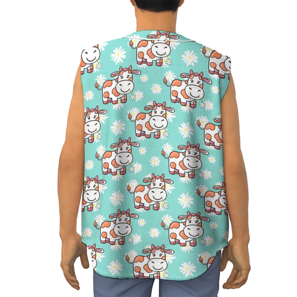 Cartoon Cow And Daisy Flower Print Sleeveless Baseball Jersey