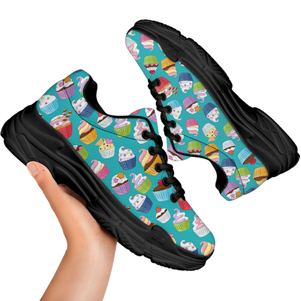 Cartoon Cupcake Pattern Print Black Chunky Shoes