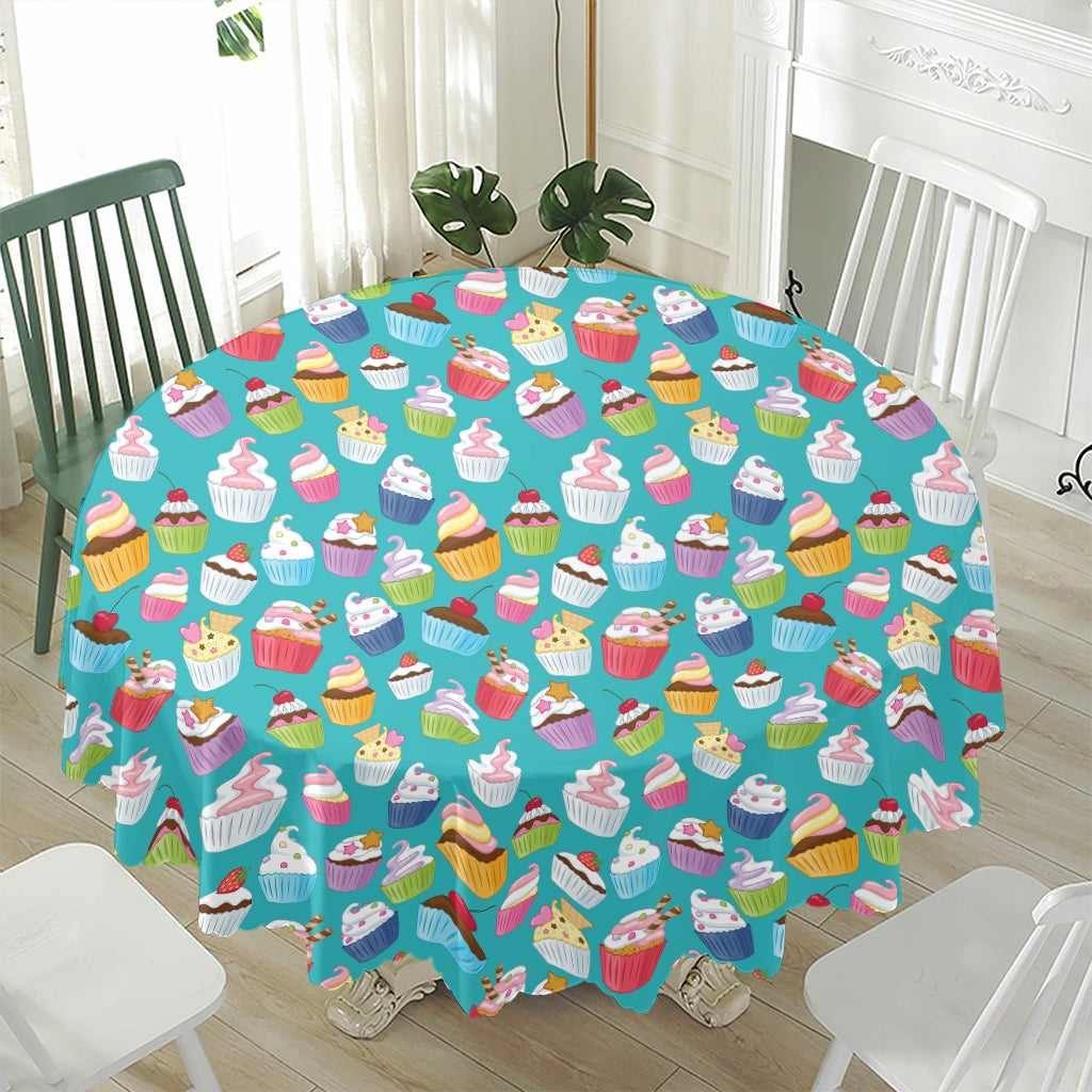 Cartoon Cupcake Pattern Print Waterproof Round Tablecloth