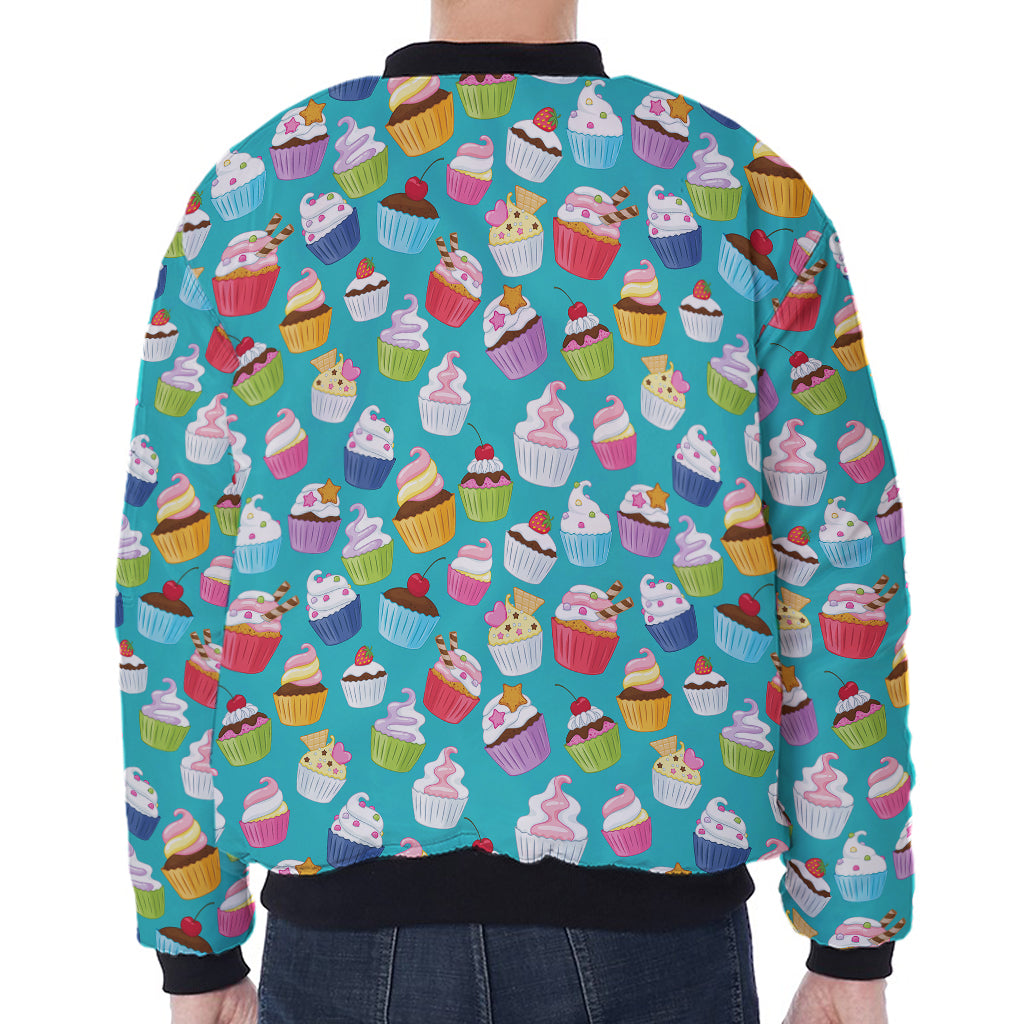 Cartoon Cupcake Pattern Print Zip Sleeve Bomber Jacket