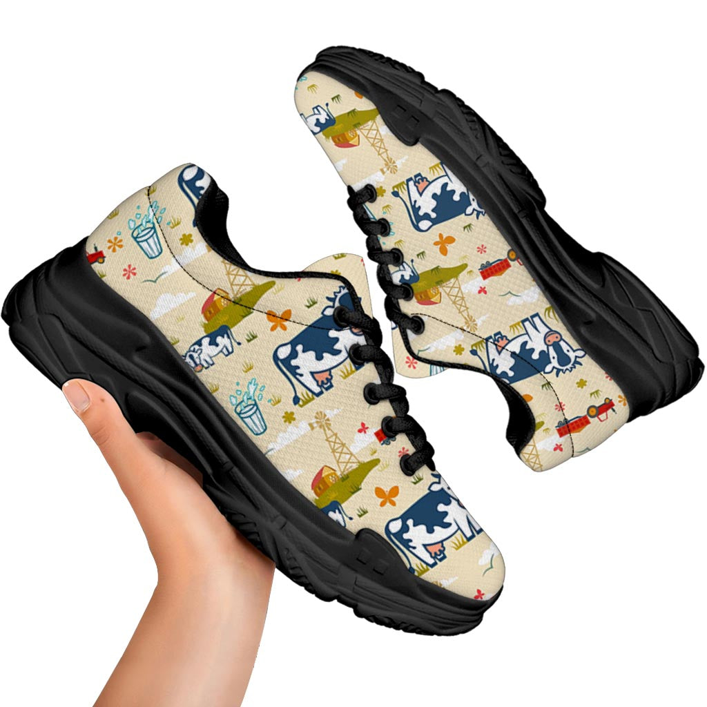 Cartoon Dairy Cow Farm Pattern Print Black Chunky Shoes