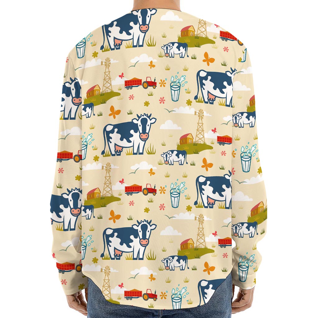 Cartoon Dairy Cow Farm Pattern Print Long Sleeve Baseball Jersey