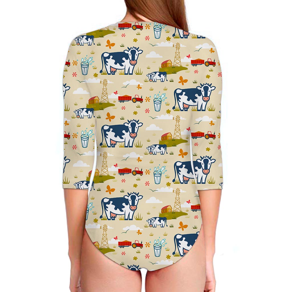 Cartoon Dairy Cow Farm Pattern Print Long Sleeve Swimsuit