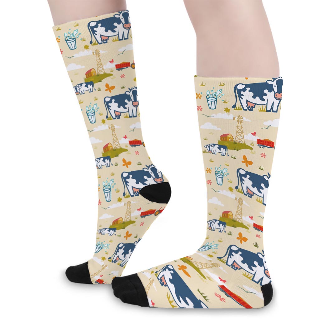 Cartoon Dairy Cow Farm Pattern Print Long Socks