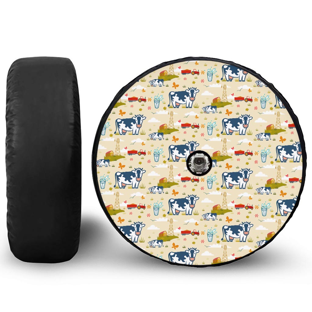 Cartoon Dairy Cow Farm Pattern Print Tire Cover With Camera Hole